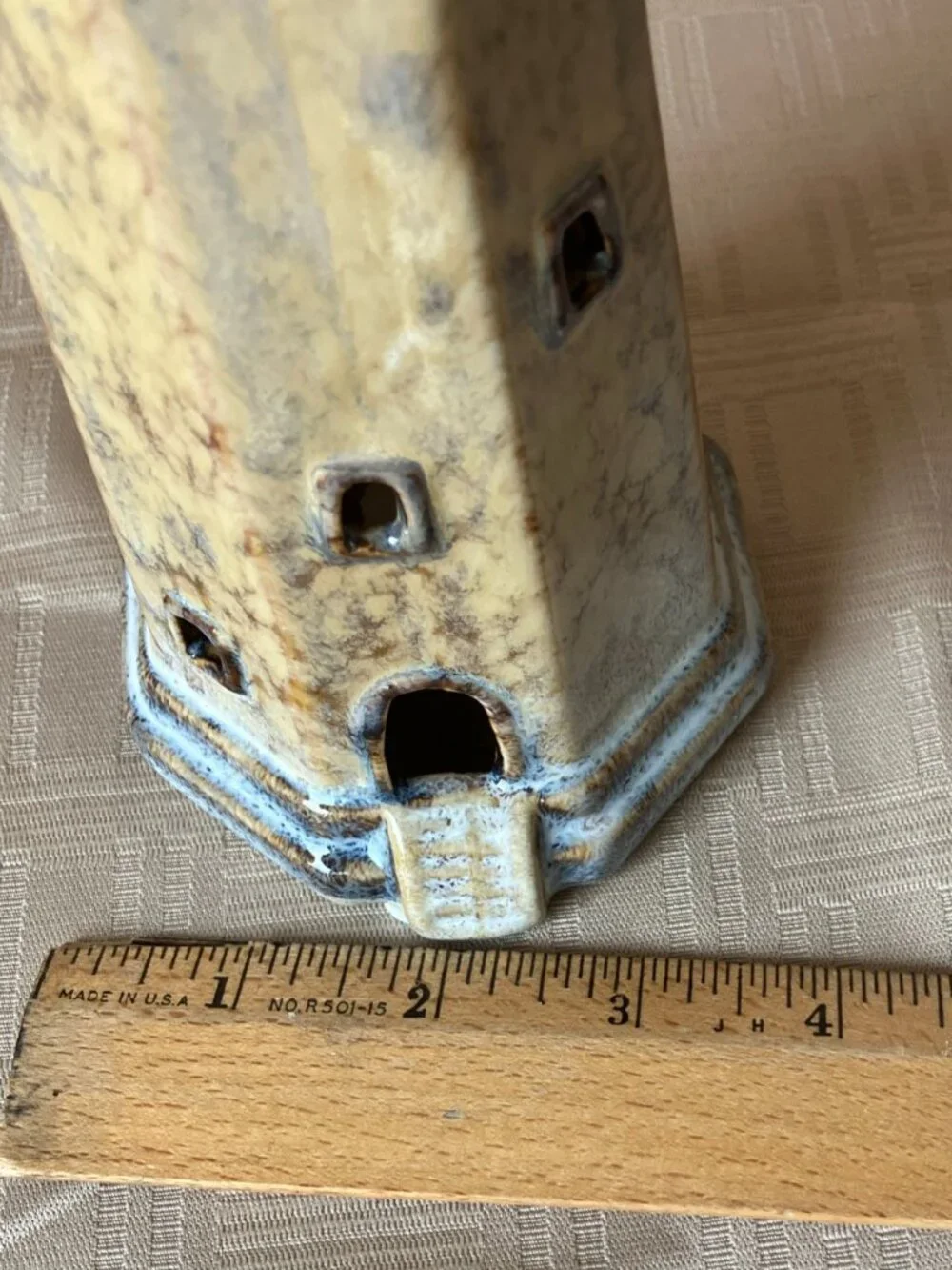 Ceramic Lighthouse Tealight Candle Holder 8 in Tall in Speckled Tan & Blue Hues